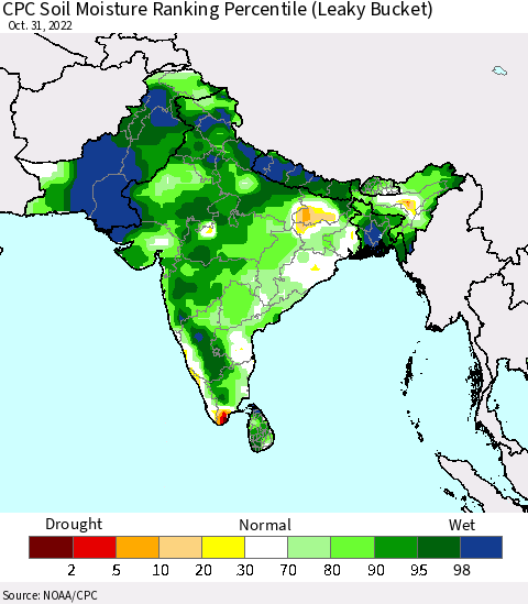 Southern Asia CPC Calculated Soil Moisture Ranking Percentile Thematic Map For 10/26/2022 - 10/31/2022
