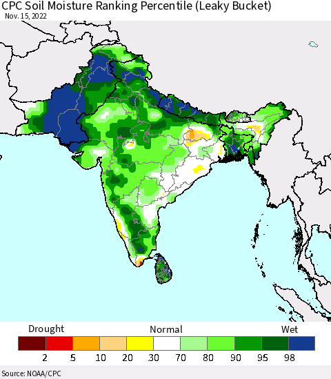 Southern Asia CPC Calculated Soil Moisture Ranking Percentile Thematic Map For 11/11/2022 - 11/15/2022