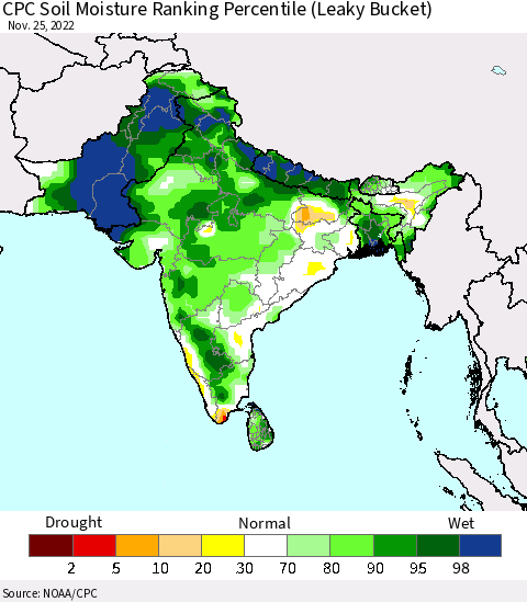 Southern Asia CPC Soil Moisture Ranking Percentile (Leaky Bucket) Thematic Map For 11/21/2022 - 11/25/2022