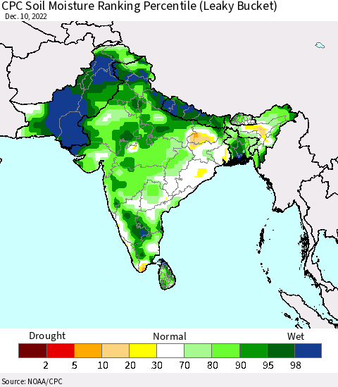 Southern Asia CPC Calculated Soil Moisture Ranking Percentile Thematic Map For 12/6/2022 - 12/10/2022