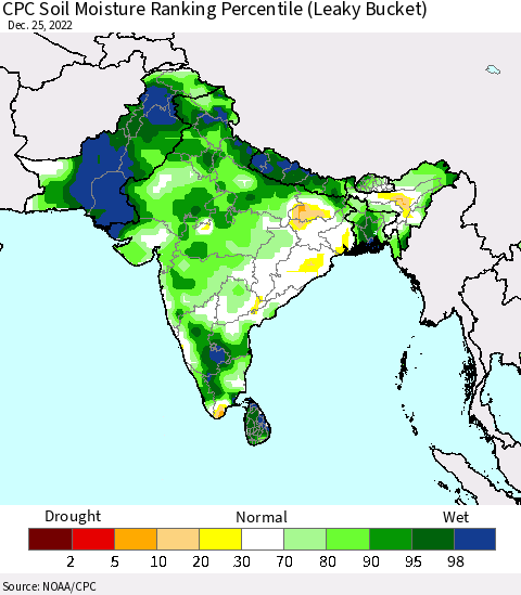 Southern Asia CPC Soil Moisture Ranking Percentile (Leaky Bucket) Thematic Map For 12/21/2022 - 12/25/2022
