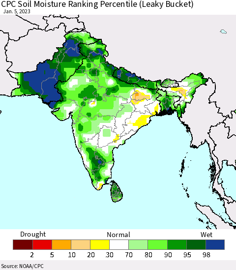 Southern Asia CPC Calculated Soil Moisture Ranking Percentile Thematic Map For 1/1/2023 - 1/5/2023