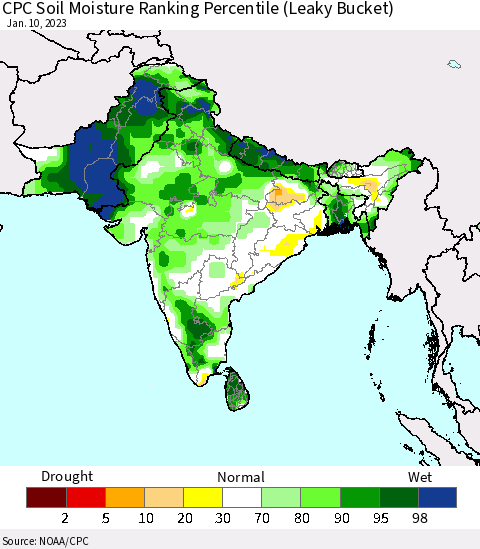 Southern Asia CPC Calculated Soil Moisture Ranking Percentile Thematic Map For 1/6/2023 - 1/10/2023