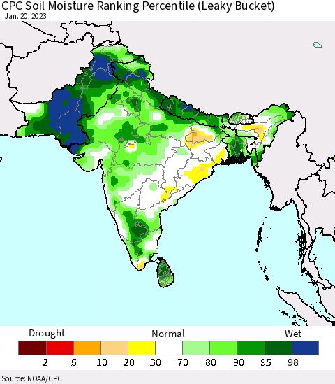Southern Asia CPC Calculated Soil Moisture Ranking Percentile Thematic Map For 1/16/2023 - 1/20/2023