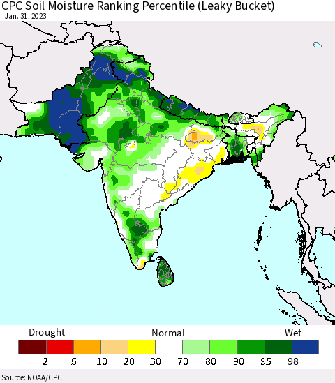 Southern Asia CPC Calculated Soil Moisture Ranking Percentile Thematic Map For 1/26/2023 - 1/31/2023