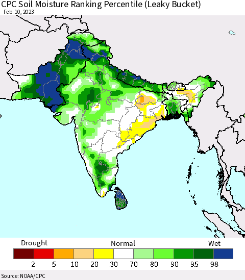 Southern Asia CPC Soil Moisture Ranking Percentile (Leaky Bucket) Thematic Map For 2/6/2023 - 2/10/2023
