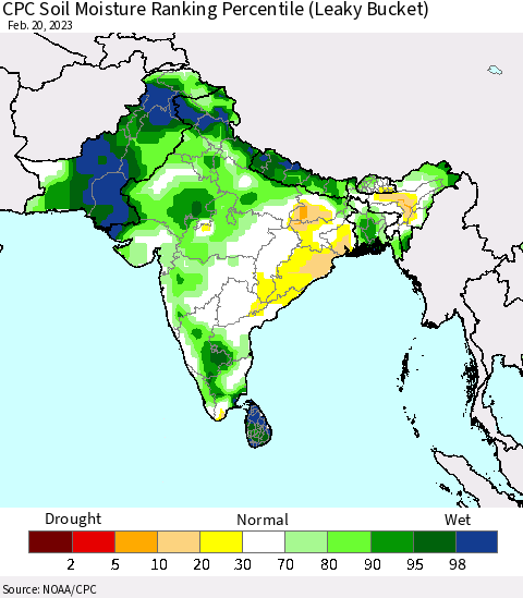 Southern Asia CPC Calculated Soil Moisture Ranking Percentile Thematic Map For 2/16/2023 - 2/20/2023