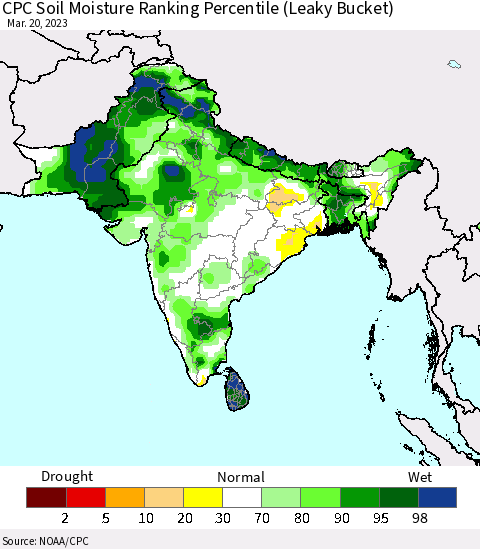 Southern Asia CPC Calculated Soil Moisture Ranking Percentile Thematic Map For 3/16/2023 - 3/20/2023