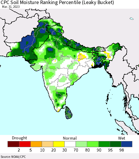 Southern Asia CPC Soil Moisture Ranking Percentile (Leaky Bucket) Thematic Map For 3/26/2023 - 3/31/2023