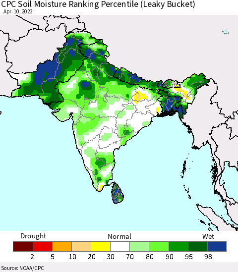 Southern Asia CPC Soil Moisture Ranking Percentile (Leaky Bucket) Thematic Map For 4/6/2023 - 4/10/2023