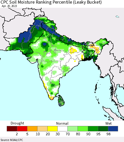Southern Asia CPC Soil Moisture Ranking Percentile (Leaky Bucket) Thematic Map For 4/16/2023 - 4/20/2023