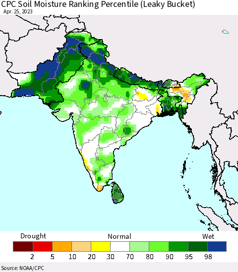 Southern Asia CPC Soil Moisture Ranking Percentile (Leaky Bucket) Thematic Map For 4/21/2023 - 4/25/2023