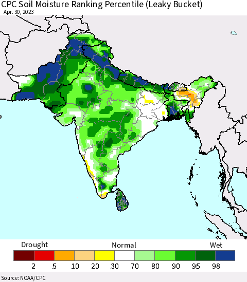 Southern Asia CPC Soil Moisture Ranking Percentile (Leaky Bucket) Thematic Map For 4/26/2023 - 4/30/2023