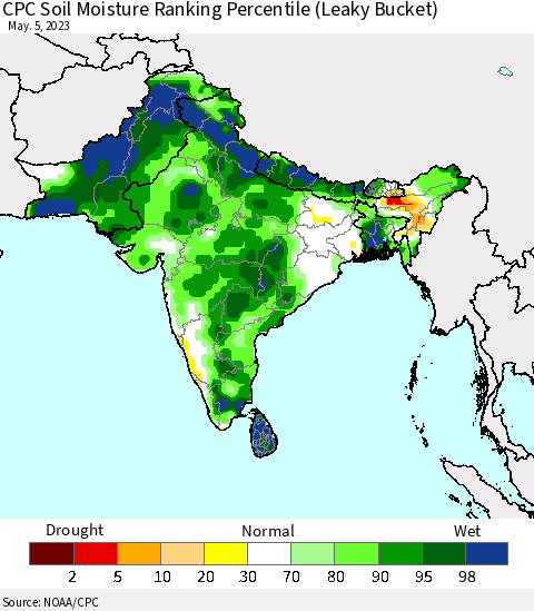 Southern Asia CPC Soil Moisture Ranking Percentile Thematic Map For 5/1/2023 - 5/5/2023