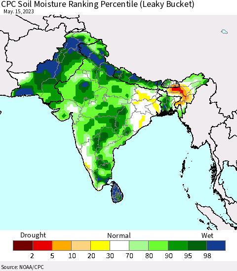 Southern Asia CPC Soil Moisture Ranking Percentile Thematic Map For 5/11/2023 - 5/15/2023