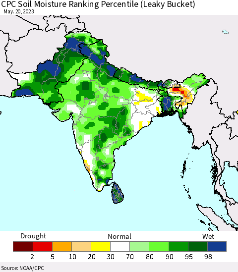 Southern Asia CPC Soil Moisture Ranking Percentile Thematic Map For 5/16/2023 - 5/20/2023