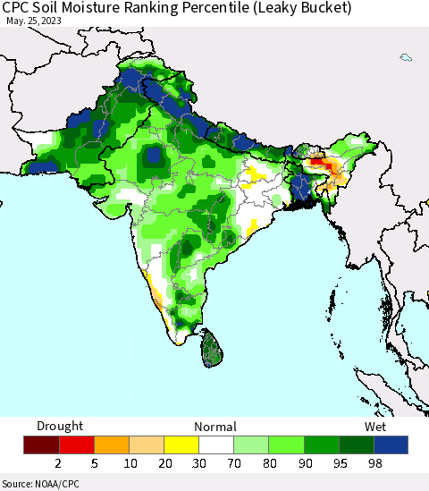 Southern Asia CPC Soil Moisture Ranking Percentile Thematic Map For 5/21/2023 - 5/25/2023