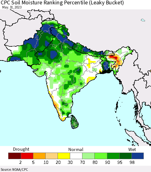 Southern Asia CPC Soil Moisture Ranking Percentile Thematic Map For 5/26/2023 - 5/31/2023