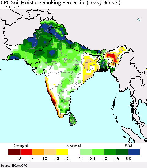 Southern Asia CPC Soil Moisture Ranking Percentile (Leaky Bucket) Thematic Map For 6/6/2023 - 6/10/2023