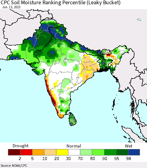 Southern Asia CPC Soil Moisture Ranking Percentile Thematic Map For 6/11/2023 - 6/15/2023