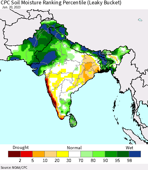 Southern Asia CPC Soil Moisture Ranking Percentile Thematic Map For 6/16/2023 - 6/20/2023