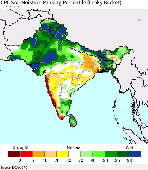 Southern Asia CPC Soil Moisture Ranking Percentile Thematic Map For 6/21/2023 - 6/25/2023