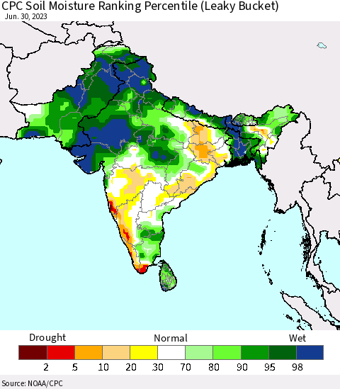 Southern Asia CPC Soil Moisture Ranking Percentile Thematic Map For 6/26/2023 - 6/30/2023