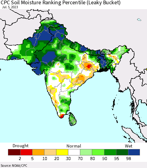 Southern Asia CPC Soil Moisture Ranking Percentile (Leaky Bucket) Thematic Map For 7/1/2023 - 7/5/2023