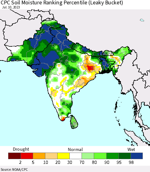 Southern Asia CPC Soil Moisture Ranking Percentile Thematic Map For 7/6/2023 - 7/10/2023