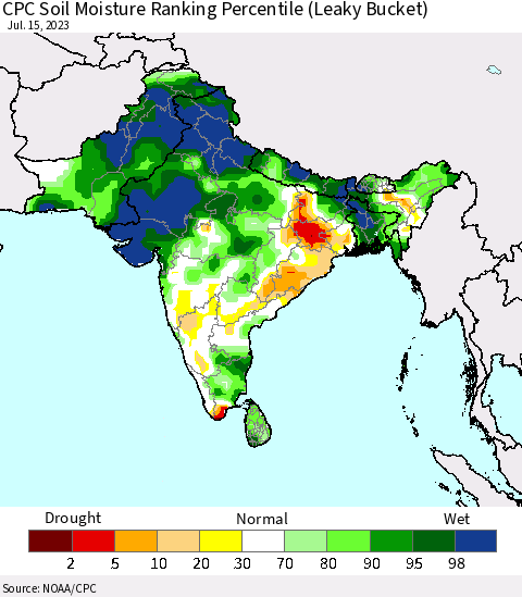 Southern Asia CPC Soil Moisture Ranking Percentile (Leaky Bucket) Thematic Map For 7/11/2023 - 7/15/2023