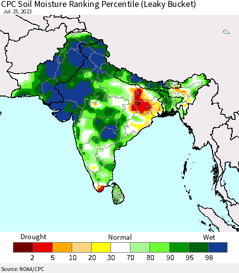 Southern Asia CPC Soil Moisture Ranking Percentile Thematic Map For 7/21/2023 - 7/25/2023