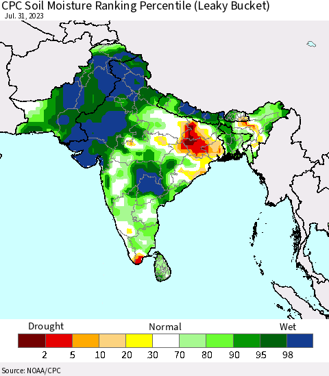 Southern Asia CPC Soil Moisture Ranking Percentile Thematic Map For 7/26/2023 - 7/31/2023