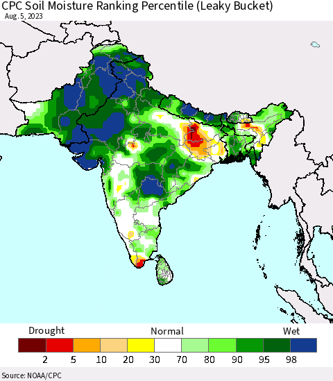 Southern Asia CPC Soil Moisture Ranking Percentile Thematic Map For 8/1/2023 - 8/5/2023