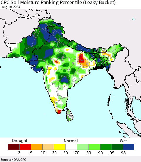 Southern Asia CPC Soil Moisture Ranking Percentile Thematic Map For 8/6/2023 - 8/10/2023