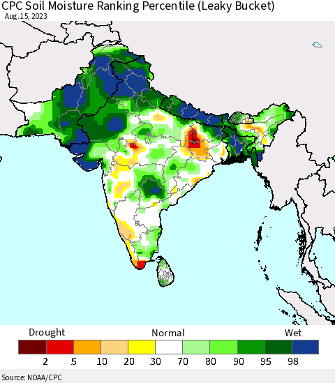 Southern Asia CPC Soil Moisture Ranking Percentile Thematic Map For 8/11/2023 - 8/15/2023
