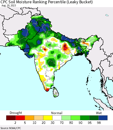 Southern Asia CPC Soil Moisture Ranking Percentile Thematic Map For 8/16/2023 - 8/20/2023