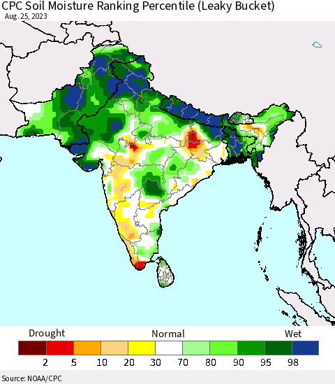 Southern Asia CPC Soil Moisture Ranking Percentile Thematic Map For 8/21/2023 - 8/25/2023
