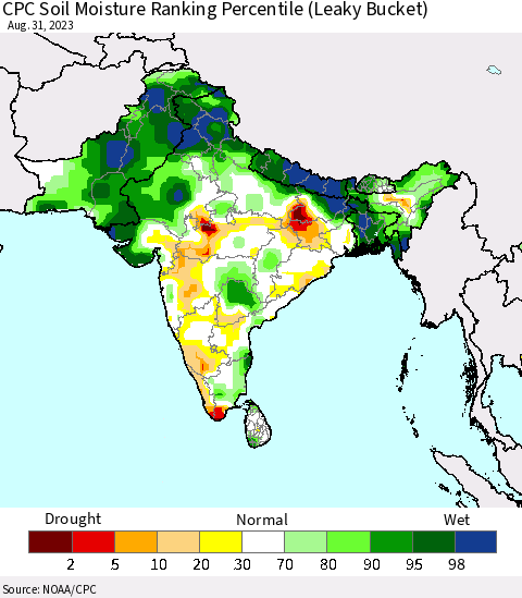 Southern Asia CPC Soil Moisture Ranking Percentile Thematic Map For 8/26/2023 - 8/31/2023