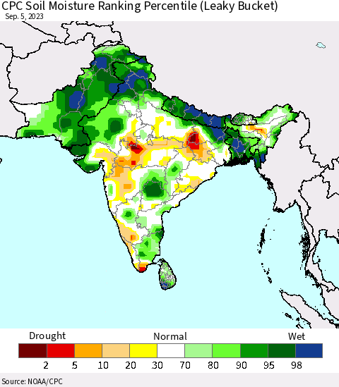 Southern Asia CPC Soil Moisture Ranking Percentile Thematic Map For 9/1/2023 - 9/5/2023