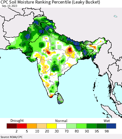 Southern Asia CPC Soil Moisture Ranking Percentile Thematic Map For 9/6/2023 - 9/10/2023
