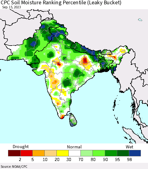 Southern Asia CPC Soil Moisture Ranking Percentile Thematic Map For 9/11/2023 - 9/15/2023