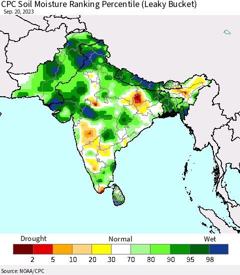 Southern Asia CPC Soil Moisture Ranking Percentile Thematic Map For 9/16/2023 - 9/20/2023