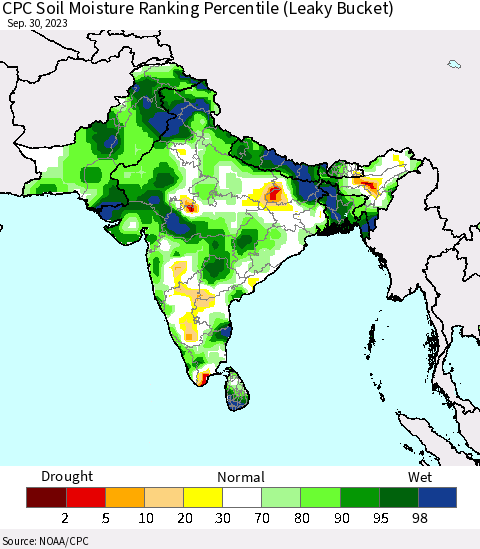 Southern Asia CPC Soil Moisture Ranking Percentile Thematic Map For 9/26/2023 - 9/30/2023