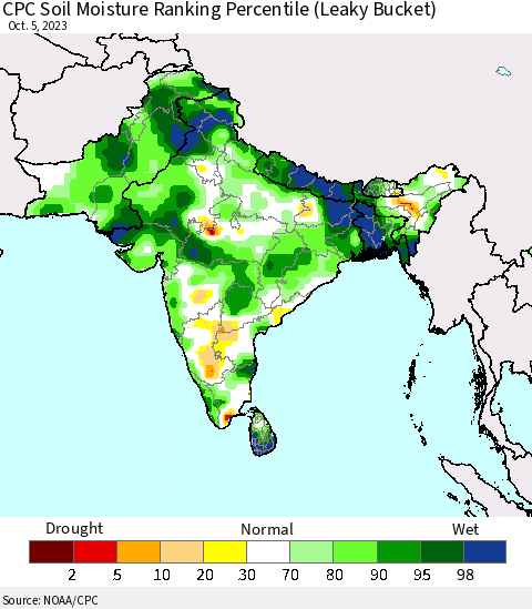 Southern Asia CPC Soil Moisture Ranking Percentile (Leaky Bucket) Thematic Map For 10/1/2023 - 10/5/2023