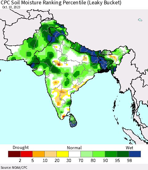 Southern Asia CPC Soil Moisture Ranking Percentile (Leaky Bucket) Thematic Map For 10/6/2023 - 10/10/2023