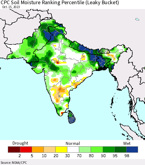 Southern Asia CPC Soil Moisture Ranking Percentile (Leaky Bucket) Thematic Map For 10/11/2023 - 10/15/2023
