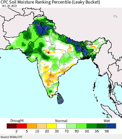 Southern Asia CPC Soil Moisture Ranking Percentile (Leaky Bucket) Thematic Map For 10/16/2023 - 10/20/2023