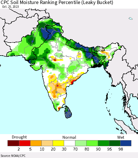 Southern Asia CPC Soil Moisture Ranking Percentile (Leaky Bucket) Thematic Map For 10/21/2023 - 10/25/2023