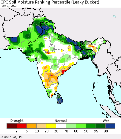 Southern Asia CPC Soil Moisture Ranking Percentile (Leaky Bucket) Thematic Map For 10/26/2023 - 10/31/2023