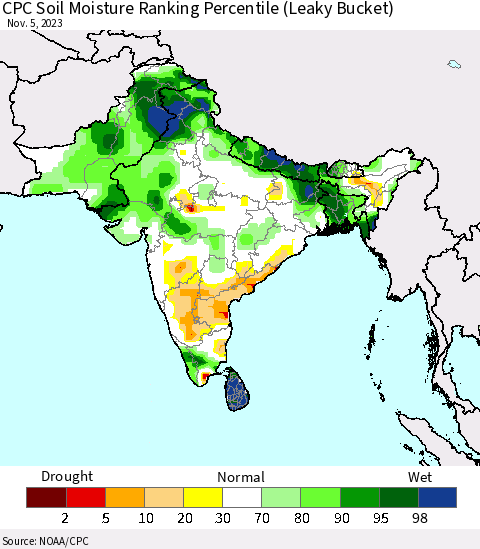 Southern Asia CPC Soil Moisture Ranking Percentile (Leaky Bucket) Thematic Map For 11/1/2023 - 11/5/2023